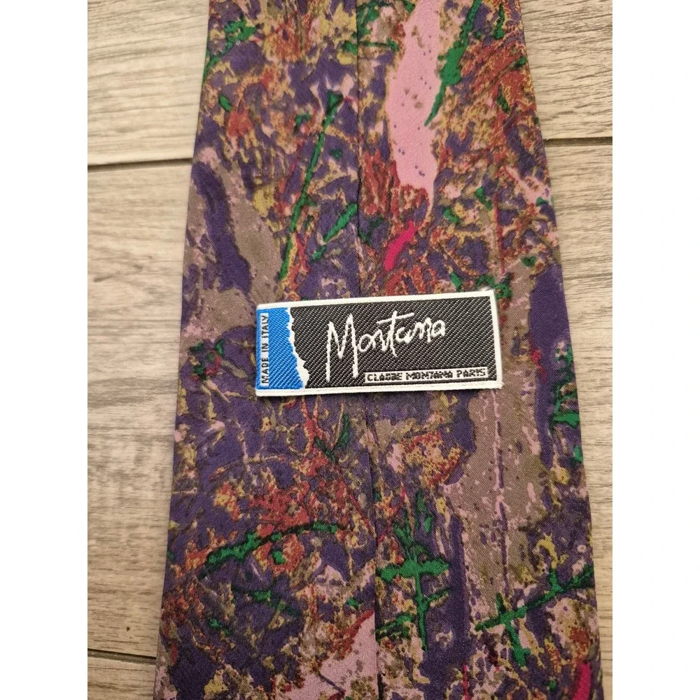 Claude Montana Paris‎ Mens Silk Tie Abstract Paint Purple Pink Green Italy VTG